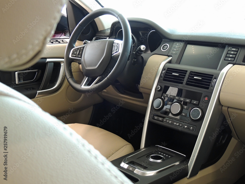 Car Interior With Beige Leather And Aluminium Upholstery