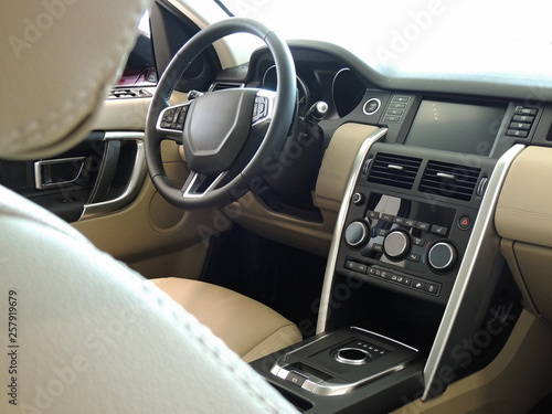 Car Interior With Beige Leather And Aluminium Upholstery © AnyVIDStudio