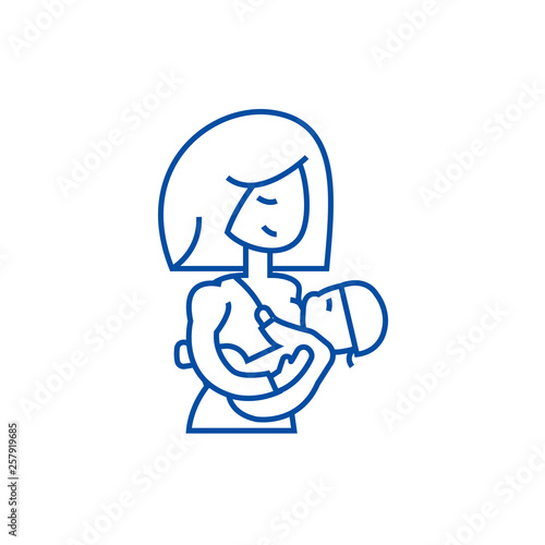 Mother breastfeeding baby line concept icon. Mother breastfeeding baby flat  vector website sign, outline symbol, illustration.