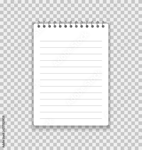 Realistic notebook or notepad with binder isolated on transparent background. Memo note pad or diary paper page templates. Vector illustration