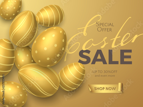 Luxury Easter sale banner with text, gold ribbon and 3D realistic eggs on golden background. Vector festive layout for promo newsletters and holiday flyers with discount or special offers.