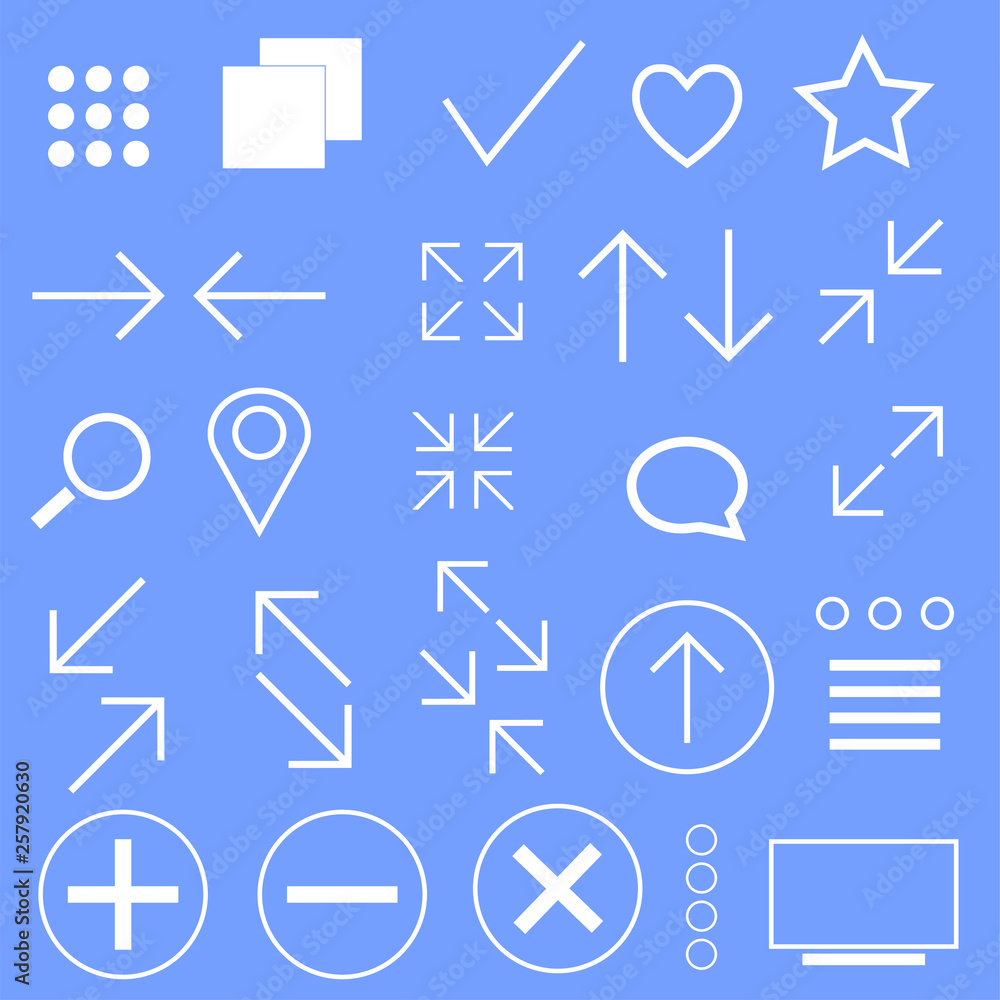White icons, signs set on a blue background. Vector illustration White icons, signs set on a blue background. Vector illustration