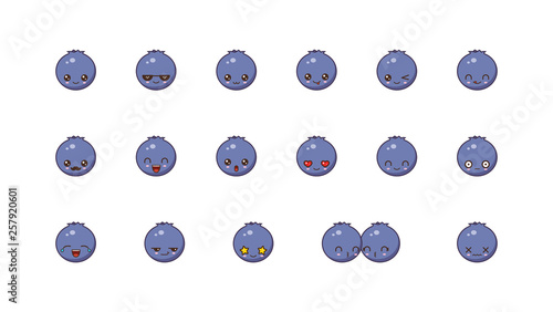 Blueberries cute kawaii mascot. Set kawaii food faces