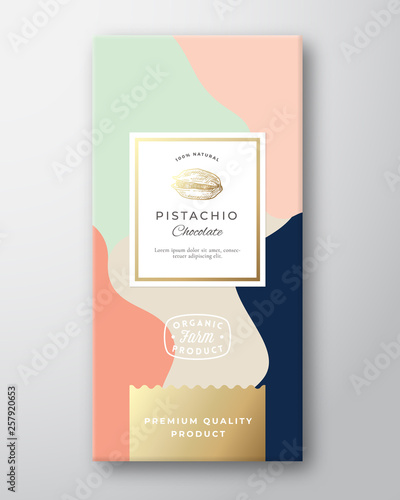 Pistachio Chocolate Label. Abstract Vector Packaging Design Layout with Soft Realistic Shadows. Modern Typography, Hand Drawn Nut Silhouette and Colorful Background.