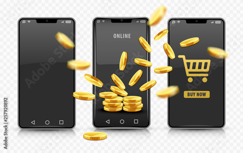 Smartphone online shopping with gold coins. Concept for modern mobile It technology for web online business in internet. Realistic, isolated white background. Eps10 vector illustration.