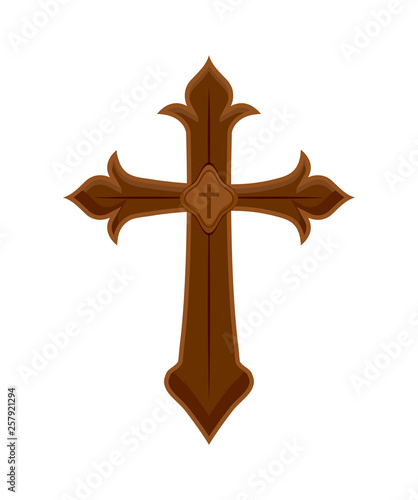 wooden catholic cross isolated icon