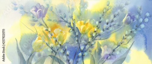 yellow tulips with pussy willow watercolor background