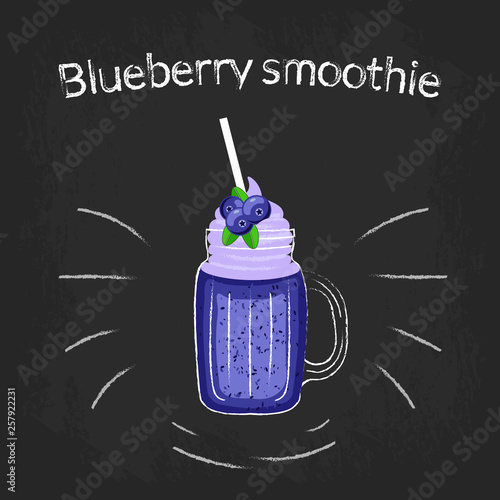 Blueberry smoothie in a jar with a cocktail straw and cream. Color sketch on black Board with white chalk.