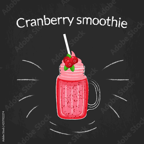 Cranberry smoothie in a jar with a cocktail straw and cream. Color sketch on black Board with white chalk.