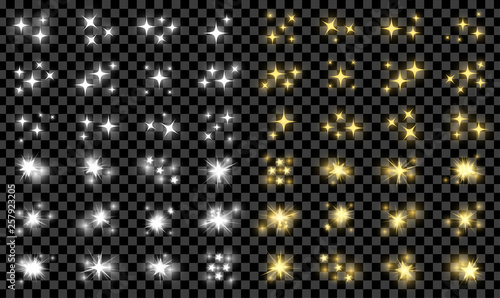 Realistic golden and silver shine, flicker stars and glow effects pack isolated on transparent background. Vector illustration