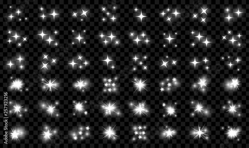 Realistic white and silver and silver shine, flicker stars and glow effects pack isolated on transparent background. Vector illustration