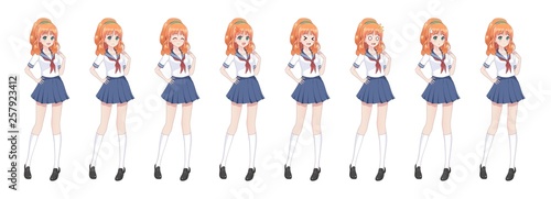 Anime manga schoolgirl in sailor suit, blue skirt