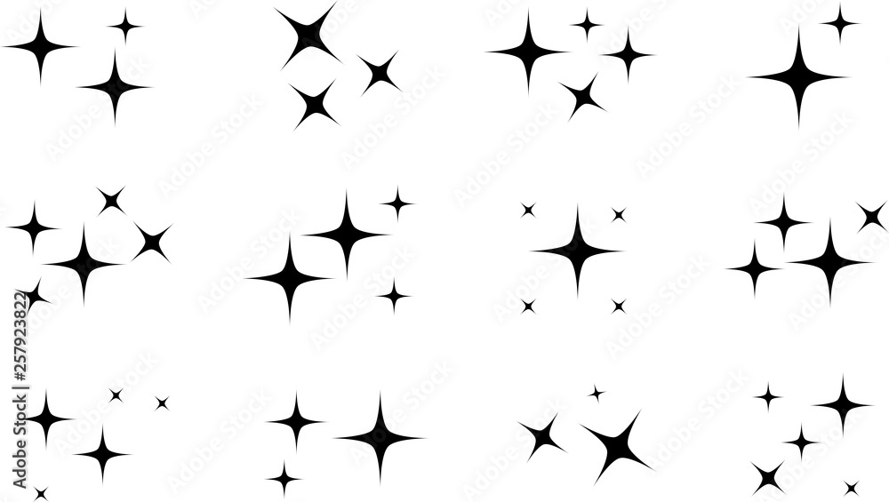 Black simple flat style light star flares pack isolated on white. Vector illustration - obrazy, fototapety, plakaty 