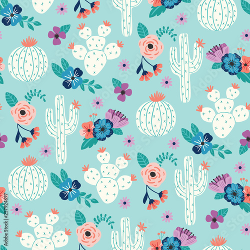 Vector seamless pattern with hand drawn cactus and floral bouquets on a blue background