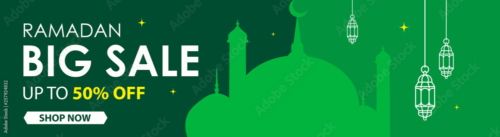Ramadan sale, banner design with mosque and lantern. Big sale 50% off offers flat design. Web header and banner design vector. Ramadan sale, banner design with mosque and lantern. Big sale 50% off offers flat design. Web header and banner design vector.
