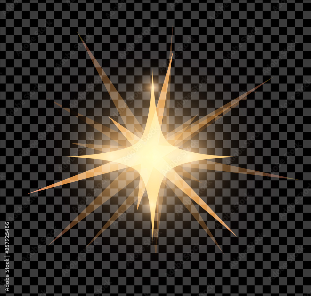 Gold bright glowing and shining star flares effect isolated on transparent background. Vector illustration - obrazy, fototapety, plakaty 
