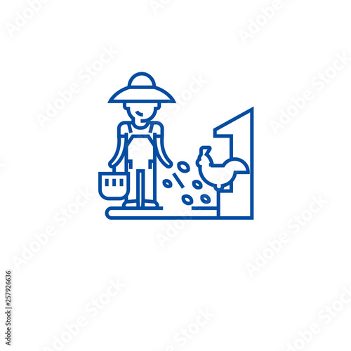 Farmer feeding line concept icon. Farmer feeding flat  vector website sign, outline symbol, illustration.
