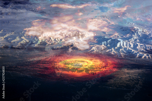 Sci fi collage image of global warning melting ice concept. Winter landscape with ice mountains and a huge red ring hob on the water. Elements of this image furnished by NASA.