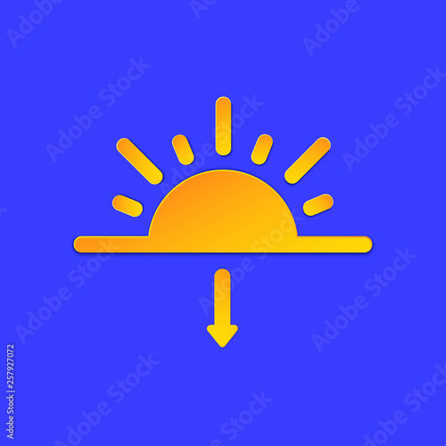 Evening Sunset Weather forecast info icon. Sun and arrow symbol paper cut style on blue. Climate weather element. Trendy button for Metcast WF report mark, meteo mobile app, web.
