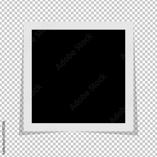 Black and white photo frame with shadows isolated on transparent background. Vector illustration