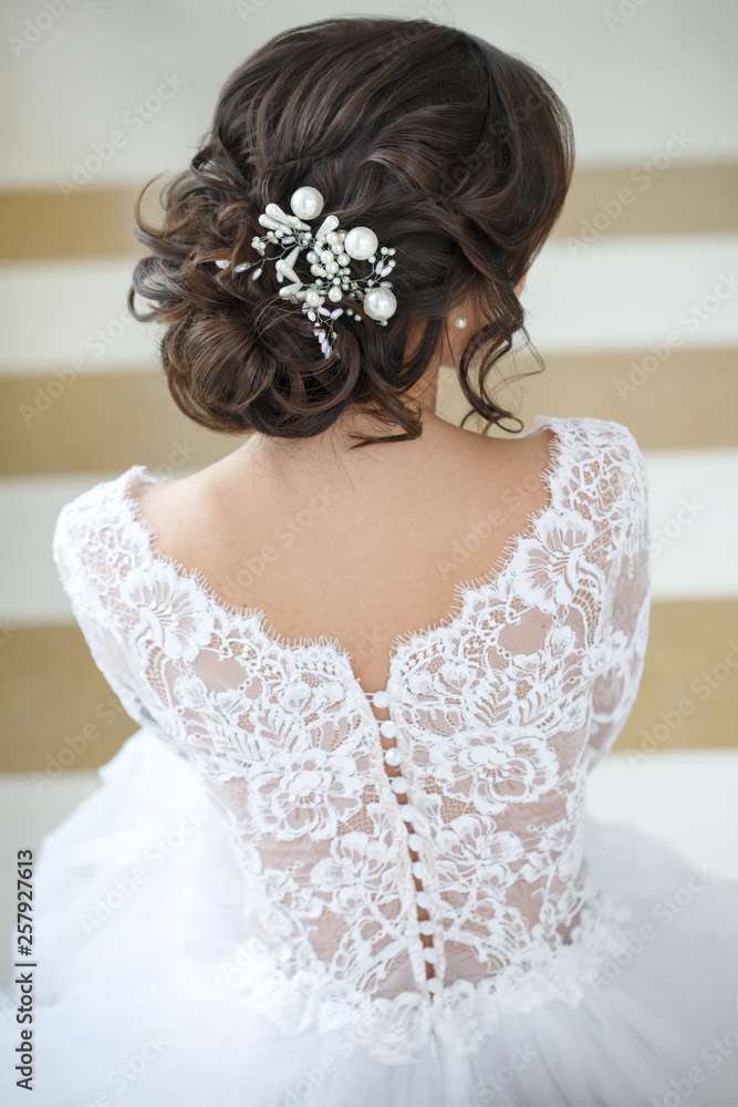 Portrait of a beautiful stylish bride with an elegant hairstyle view from the back.