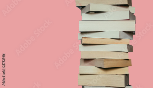 Literature for study: Stack of books; red background