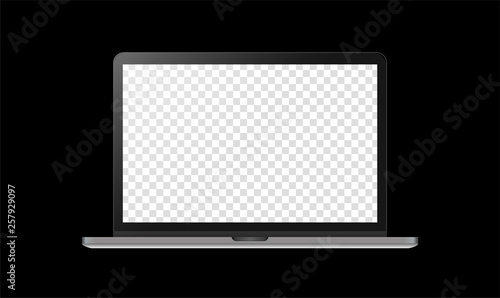 Realistic modern silver metal notebook isolated on black background. Digital black display mockup template. Vector illustration