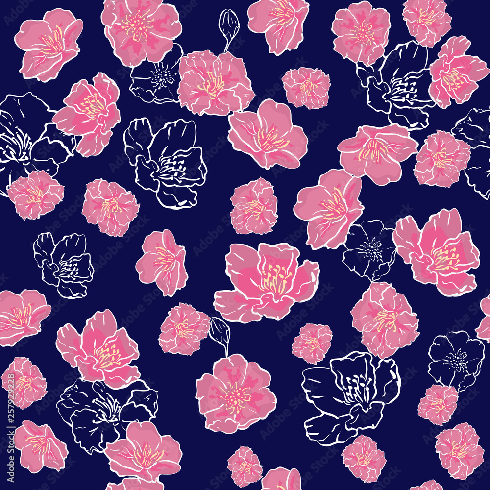 Fototapeta premium Vector Seamless background pattern. delicate pink Sakura blossom or Japanese flowering cherry symbolic of Spring in a random arrangement. for textile, web design, print, wrapping paper. hand drawing.