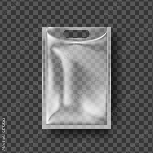 Plastic Hanger Pocket Bag Vector. Transparent Hang Bag Wrap. Empty Product Polyethylene Mock Up Template. Nylon Doy Pack Branding Design Package Illustration