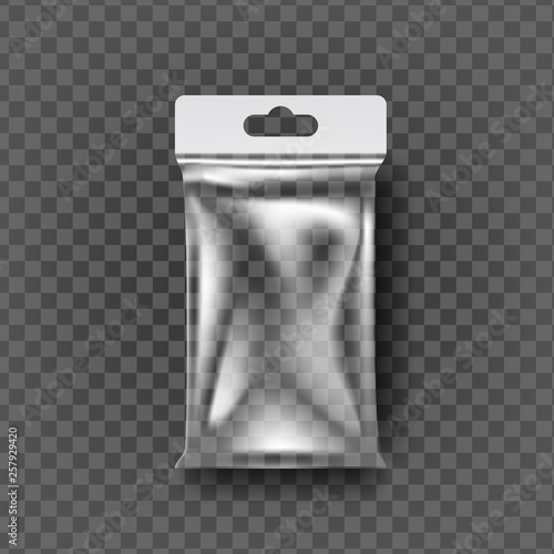 Plastic Pouch Bag Vector. Transparent Pocket Wrap With Hang. Empty Product Polyethylene Mock Up Template. Nylon Doy Pack Branding Design Package Illustration