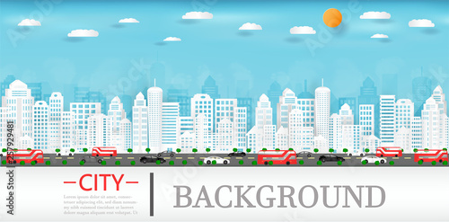 Vector paper cut and cityscape with buildings and homes and a magazine background. And traffic of cars within the city. And represents the city in Europe and is used as an illustration or backdrop