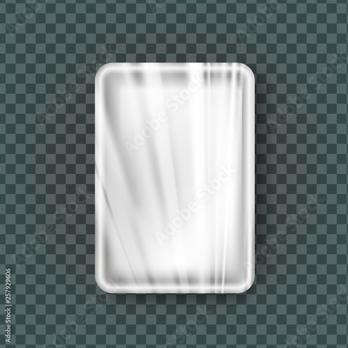 Plastic Tray Vector. Transparent Food Container Tray Wrap. Empty Product Polyethylene Mock Up Template. Nylon Doy Pack Branding Design Package Illustration