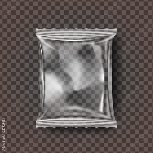 Plastic Snack Packaging Vector. Transparent Pillow Bag Wrap. Empty Product Polyethylene Mock Up Template. Nylon Doy Pack Branding Design Package Illustration