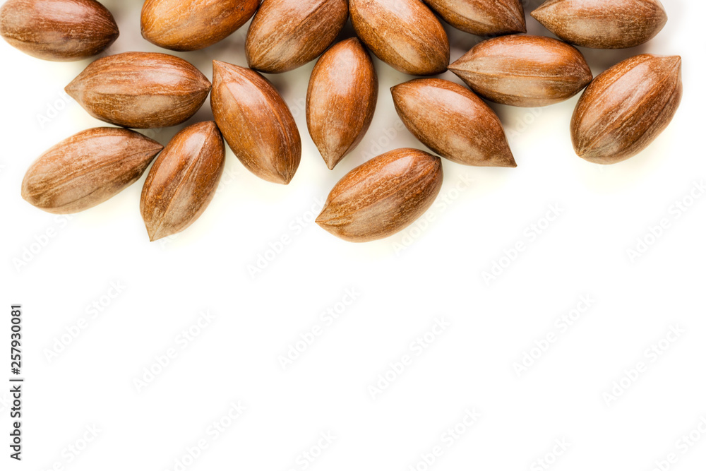 Not cleaned pecan nuts in the shell isolated on white. Not cleaned pecan nuts in the shell isolated on white.