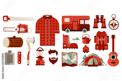 Lumberjack, timber and woodworking tools set vector illustration