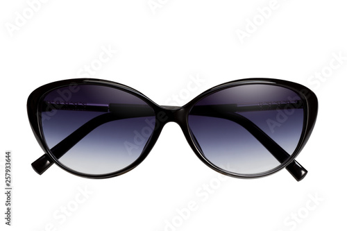 Stylish women's black sunglasses on a white background. Front view.