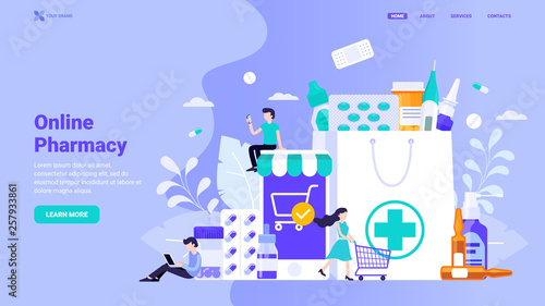 Online pharmacy site design concept. Flat vector illustration with small characters for web site design, banner, landing page. Buy medicaments and drugs online. E-commerse site design.