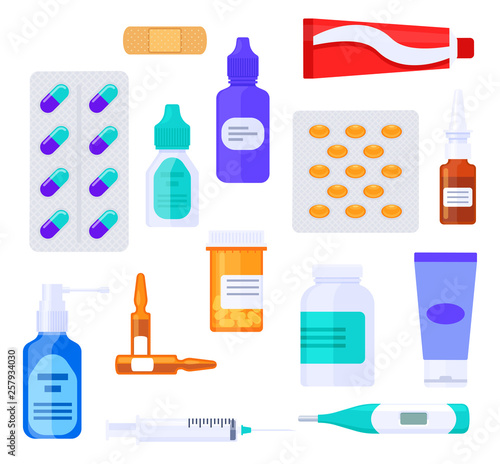 Medicaments large collection. Set of medical items: bottles, pills, ampoule, syringe, spray, drops, drops, capsules, cream, paste, plaster. Flat vector illustration. 