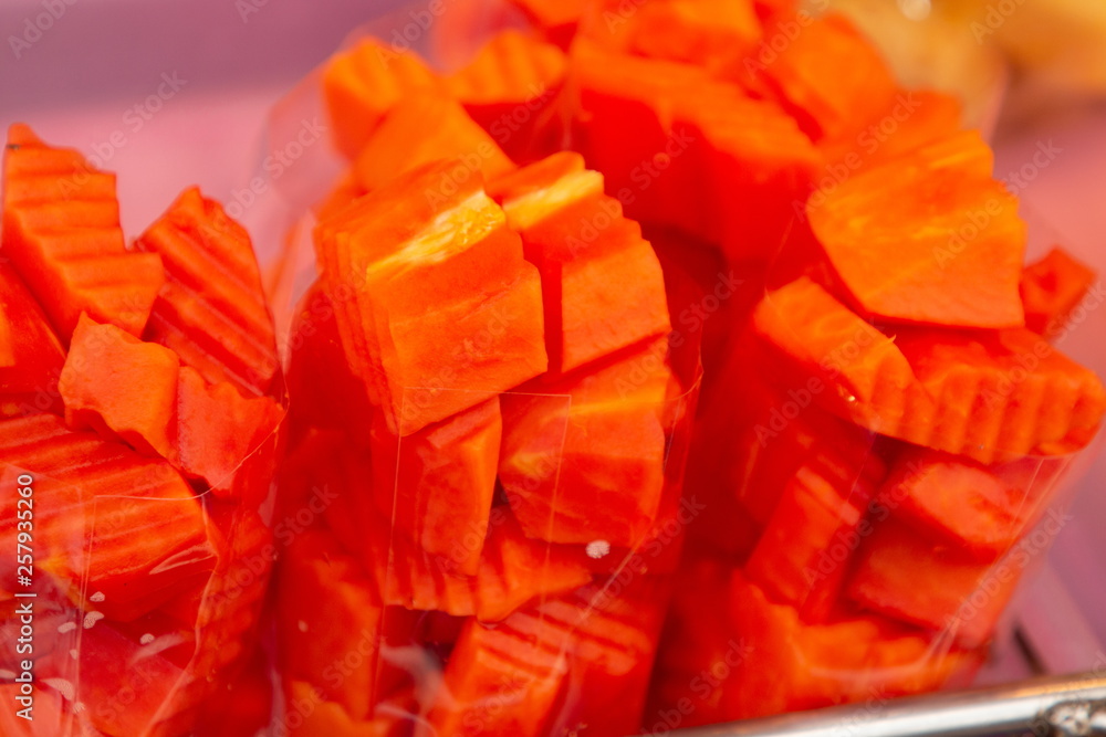 papaya slice in package at thai market