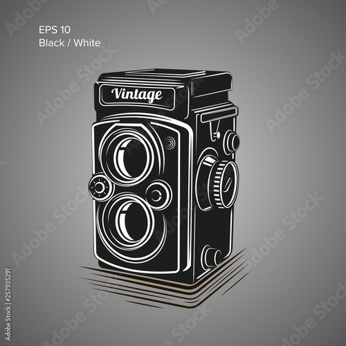 Vintage camera vector illustration. Antique photo equipment icon