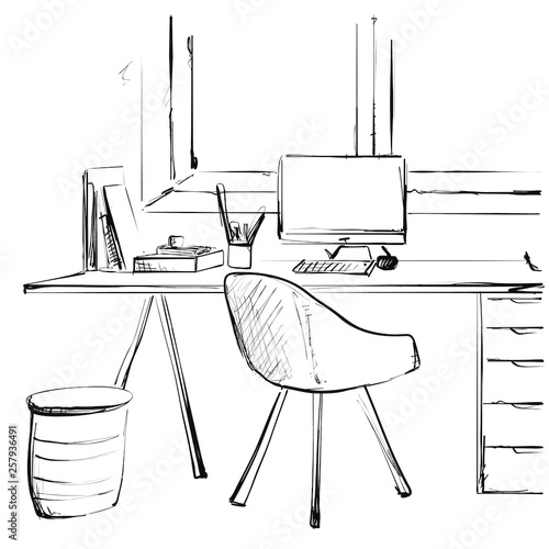 Workspace office desk computer chair potted plant. Interior sketch
