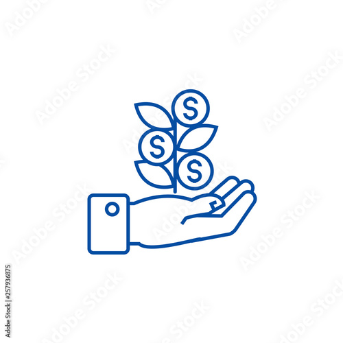 Hand with money tree line concept icon. Hand with money tree flat  vector website sign, outline symbol, illustration.