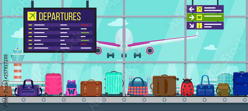 Flat vector illustration: Airport with windows, runway and take-off plane. Interior inside airport: departure table and pointers with signs and icons. Conveyor belt with luggage.