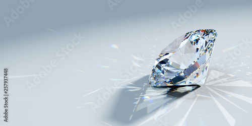 Close-up round brilliant cut diamond with caustics rays on light blue background, side view