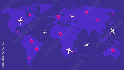 Vector illustration: world map with airplanes and pins. Flat vector concept in purple and pink colors. Colorful background image. Small realistic planes on world map and flight routes with geo tags.