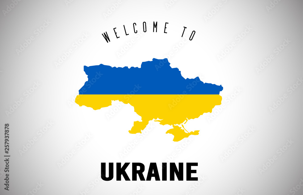 Ukraine Welcome to Text and Country flag inside Country border Map Vector Design.