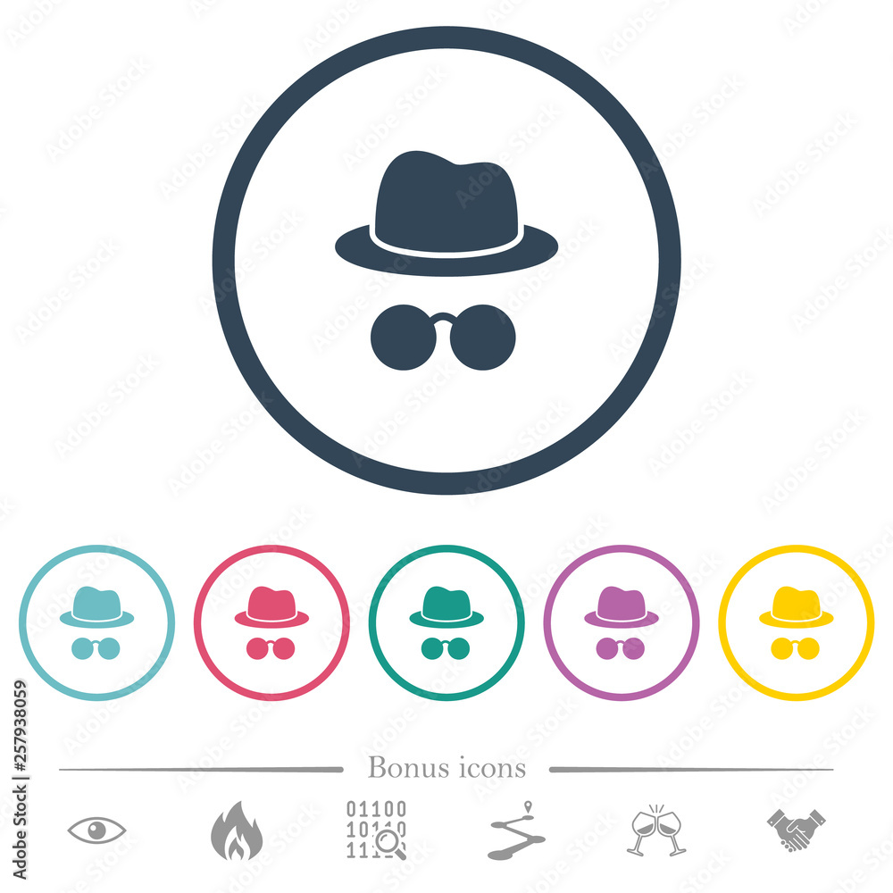 Incognito with glasses flat color icons in round outlines Incognito with glasses flat color icons in round outlines
