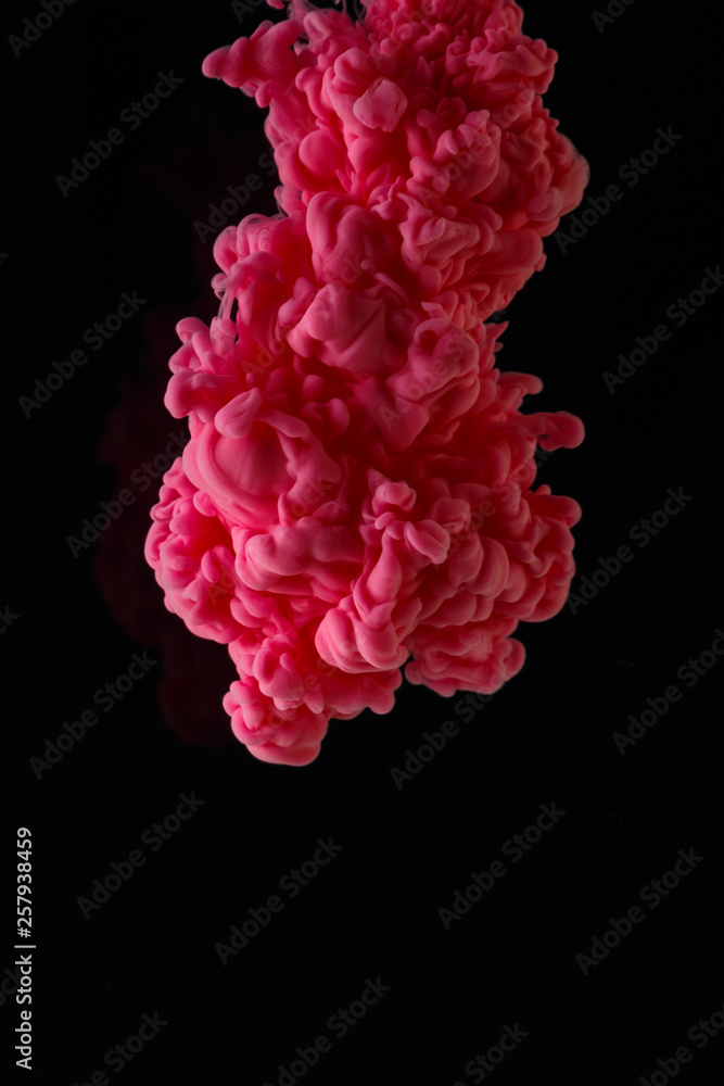 A cloud of colored acrylic paint in water. A drop of colorful ink dissolves in water on a black background. Abstract background. A cloud of colored acrylic paint in water. A drop of colorful ink dissolves in water on a black background. Abstract background.