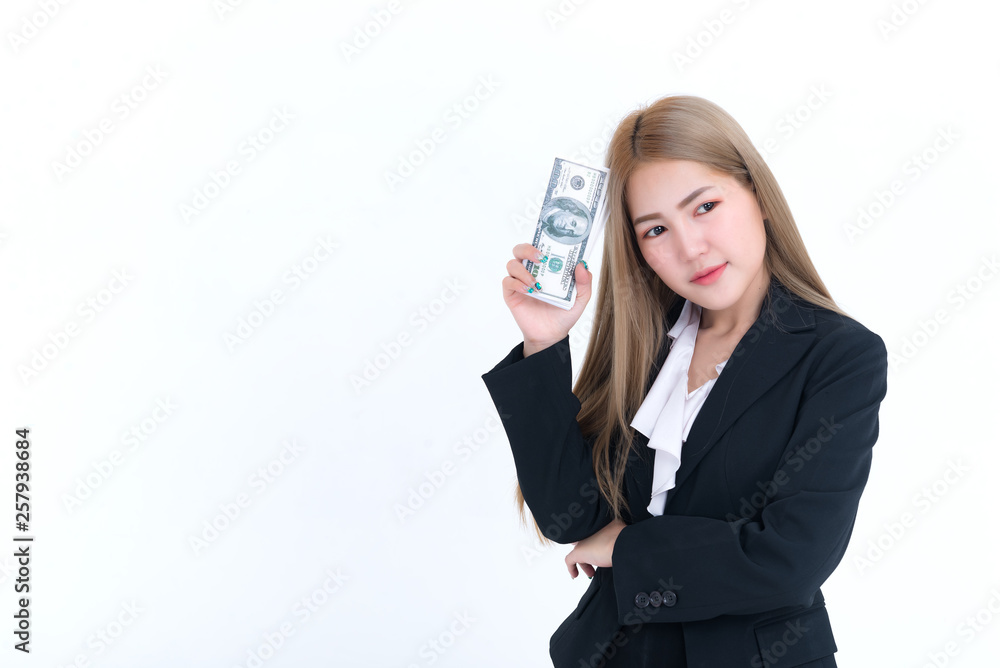 beautiful asian woman with dollar money in hand on white background,Worker has a lot of money,Day of pay,The salary of the employees,Thailand people beautiful asian woman with dollar money in hand on white background,Worker has a lot of money,Day of pay,The salary of the employees,Thailand people