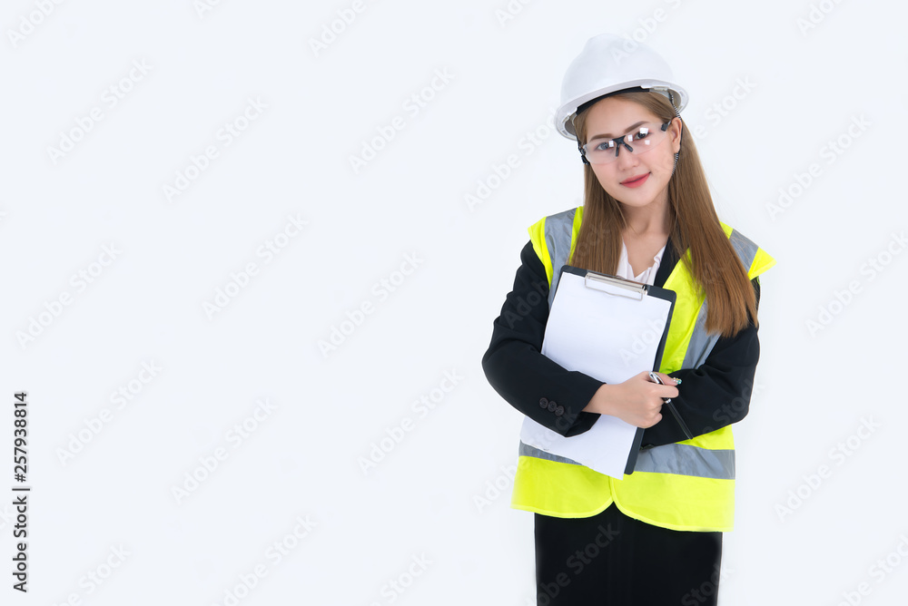 Beautiful asian Engineer woman Wear a suit, glasses and wearing a helmet on white background,Thailand people Beautiful asian Engineer woman Wear a suit, glasses and wearing a helmet on white background,Thailand people